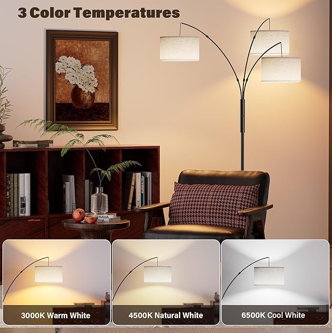 27W Floor Lamps for Living Room - Super Bright Dimmable Tree Floor Lamp, Modern Standing Lamp with Remote Control & Knob Switch, 3 Lights Tall Lamp for Living Room Corner, Bedroom, Office