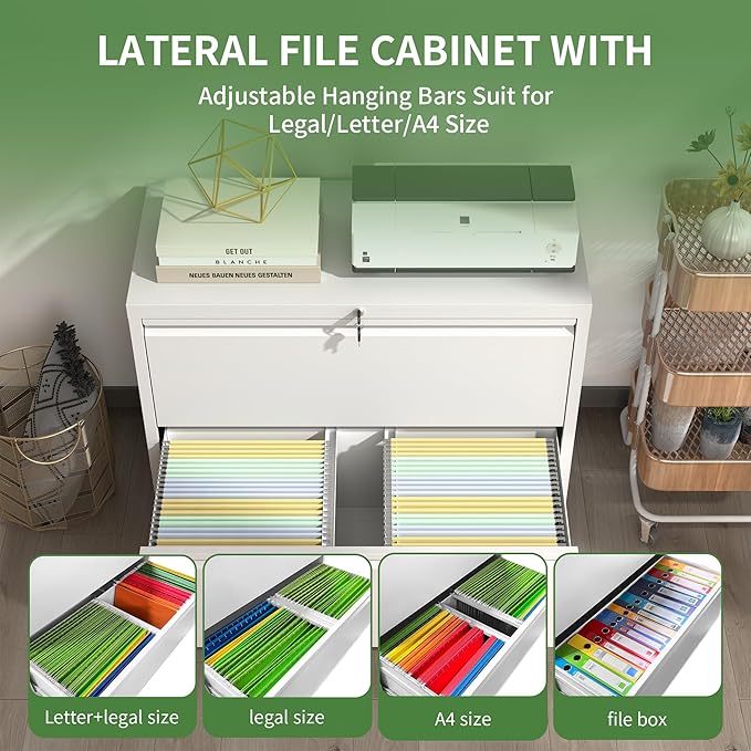 2 Drawer File Cabinet,Metal Lateral Filing Cabinet with Lock,Home Office Storage Organizer Cabinet for Legal/Letter/A4/F4 Size Files,35.5" W,White