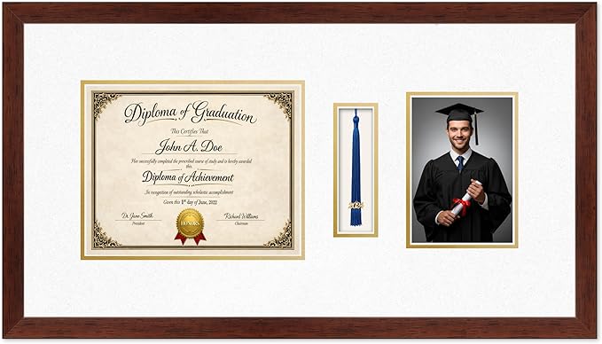 Diploma Tassel and Photo Frame Rustic Walnut Shadowbox Oyster Shell Over Gold Mat - Fits 10 x 8 Degree Picture Made in the USA