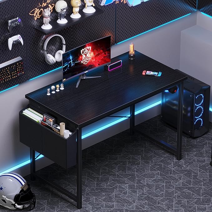 OLIXIS Computer Desk 44 Inch Home Office Desks for Small Spaces, Gaming Writing Study Work Table with Storage Bag and Headphone Hook for Bedroom, Black