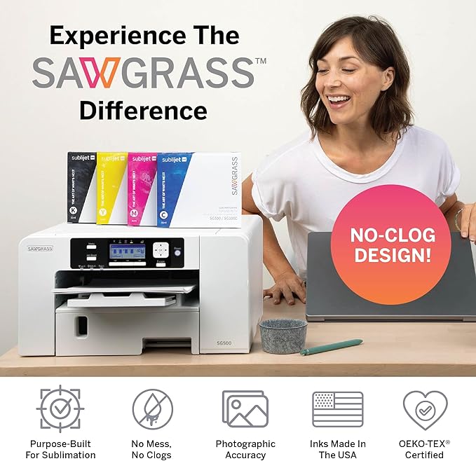 Sawgrass SG500 Sublimation Printer Bundle with Anti-Clog Technology | Only Printer Designed Exclusively for Sublimation | Includes 31mL SubliJet UHD Inks & TruePix Paper | Wi-Fi