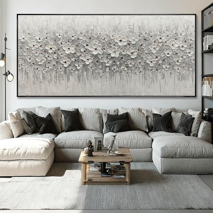SDYA Oversized White Flower Wall Art, Hand Painted Floral Canvas Paintings With Frame, Extra Large Modern Wall Decor for Living Room Bedroom Office 40"x86"