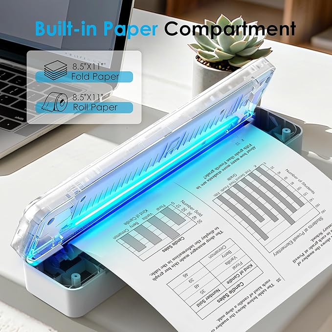 Bluetooth Thermal Printer, Portable Printer Wireless for Travel,Office&School, Includes 3 Rolls Paper – Supports US Letter,A4 Thermal Paper, Inkless Printing, Compatible with iOS,Android&Laptops