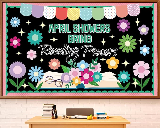 Spring Reading Bulletin Board Set Floral Classroom Decoration April Showers Bring Reading Bulletin Board Spring Floral Cutouts for Back to School Office Home Chalkboard Wall Decor