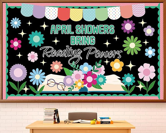 Spring Reading Bulletin Board Set Floral Classroom Decoration April Showers Bring Reading Bulletin Board Spring Floral Cutouts for Back to School Office Home Chalkboard Wall Decor