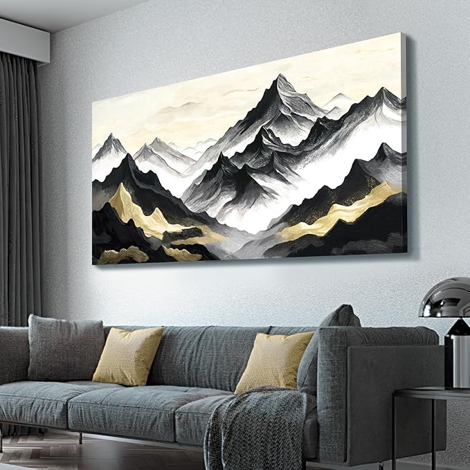 amatop Black Gold Mountain Wall Art – Large Modern Abstract Canvas Print, Inspirational Landscape Artwork for Living Room, Bedroom & Office Decor (58x29 Inch)