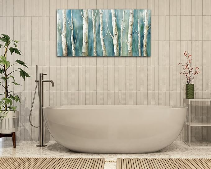 yearainn Abstract Birch Trees Canvas Wall Art - 20" x 40" Modern Turquoise Nature Printing Artwork for Living Room, Bedroom, Home Office Decor