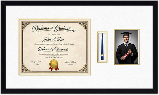 Diploma Tassel and Photo Frame Matte Black Shadowbox Oyster Shell Over Gold Mat - Fits 14 x 11 Degree Picture Made in the USA