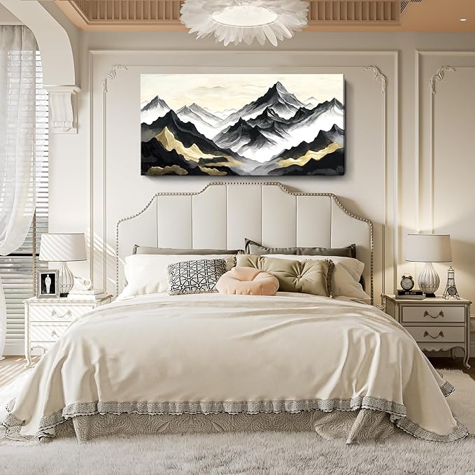 amatop Black Gold Mountain Wall Art – Large Modern Abstract Canvas Print, Inspirational Landscape Artwork for Living Room, Bedroom & Office Decor (58x29 Inch)
