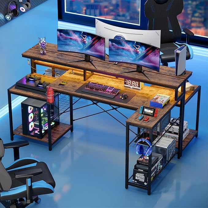 Bestier 71.5 inch Computer Desk with Power Outlets, LED Large Home Office Desk with Monitor Stand, L Shaped Corner Desk with Printer Stand Adjustable Shelf, Cup Holder & Headset Hooks, Brown