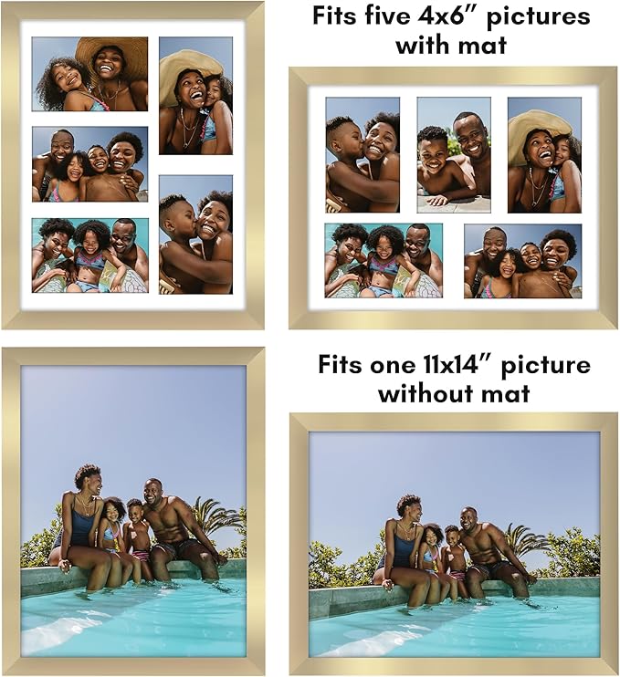 Americanflat 4x6 Collage Picture Frame with Shatter-Resistant Glass - Fits Five 4x6 Photos or Use as One 11x14 Picture Frame - Signature Collection - Collage Frames for Wall Display - Gold