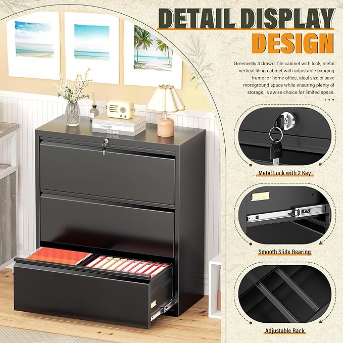 Greenvelly Lateral File Cabinet 3 Drawer, Lockable Metal Filing Cabinets for Home Office, Black Metal File Cabinet with Lock for Legal/Letter/A4/F4 Size