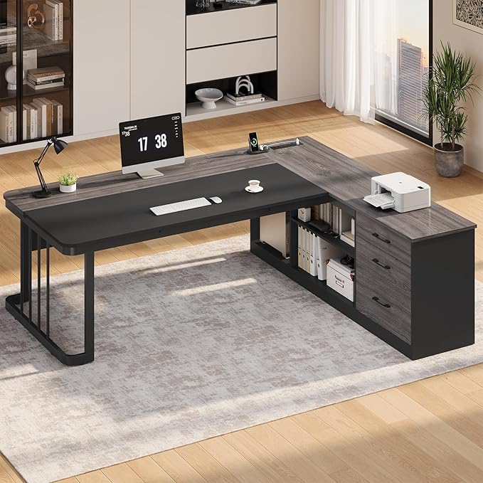 71" Executive Desk, Large Office Desk with Drawers & Storage Shelves, Modern L Shaped Computer Desk Corner Desk with Power Outlets, File Cabinet, Business Furniture Desk Workstation (Grey)