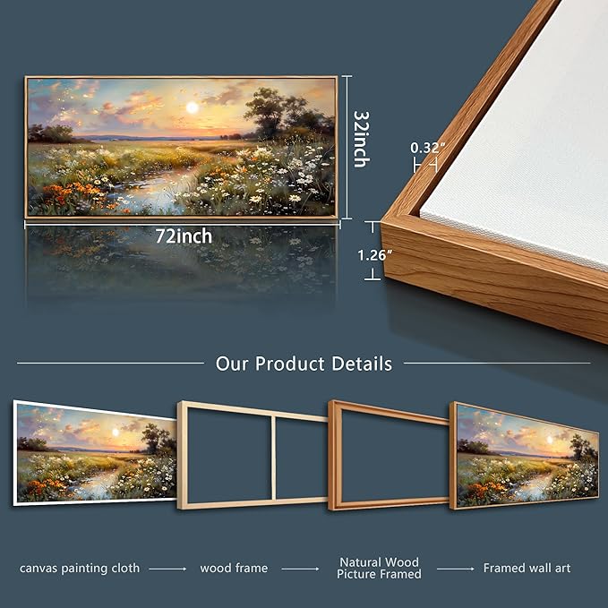 hyidecorart Wood Framed Wall Art For Living Room Farmhouse Bedroom Wall Painting Natural Scenery Wall Decor Artwork For Office Flowers And Trees Abstract Pictures Canvas Prints Hanging Decor 72x32