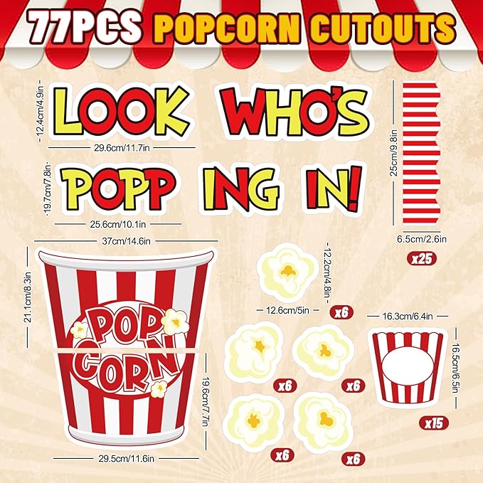 JarThenaAMCS 77 Pcs Popcorn Bulletin Board Decoration Funny Popcorn Bucket Paper Cutouts with 150 Pcs Glue Points for Back to School Movie Night Party Classroom
