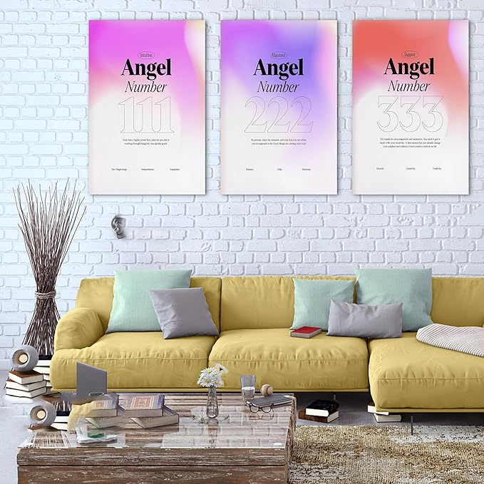 Colorful Gradient Angel Numbers Poster Canvas Print Artwork Room Decor for Bedroom Aesthetic, 3 Piece Framed Inspirational Minimalist Art Paintings Decor for Bedroom Office 24"x36" x 3 Pcs