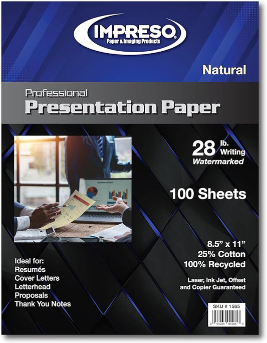Impreso Resume/Presentation Paper, 8.5 x 11, 28 lb., 25% Cotton, 100% Recycled.… (1 Pack - 100 Sheets)