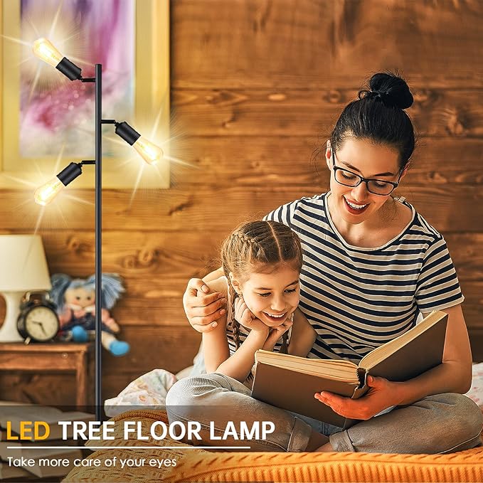 Industrial Standing Lamp with 3 Adjustable Rotating Lights - Tree Floor Lamp for Living Room, Bedroom, Home, Office (E26 Edison Bulb, Black)