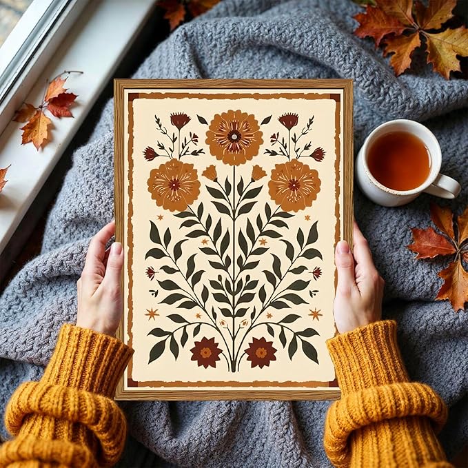 Framed Vintage Mexican Floral Wall Art, Boho Flower Pictures Wall Decor, Folk Marigolds Botanical Paintings Canvas Prints Rustic Home Decor for Living Room Bedroom 12x16 inch