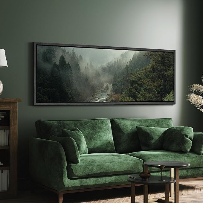 SIGNFORD Large Framed Canvas Misty Forest River Landscape Nature Photography Illustrations Modern Art Calm Warm for Living Room, Bedroom, Office - 60"x20"