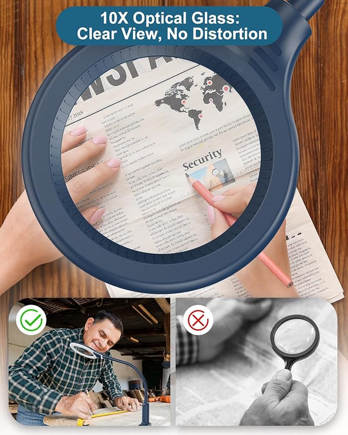 10X Magnifying Glass with Light and Stand, LED 5 Color Modes, Brightness Stepless Dimming Lighted Magnifier Hands Free, Flexible Gooseneck Desk Lamp with Clamp for Close Works, Crafts, Hobby - Blue