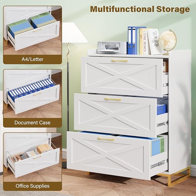 Vabches File Cabinet 3 Drawers Lateral File Cabinet with Charging Station for Letter/Legal/A4 Size Hanging Files, Large Wood File Storage Cabinets Printer Stand for Home Office, White and Gold