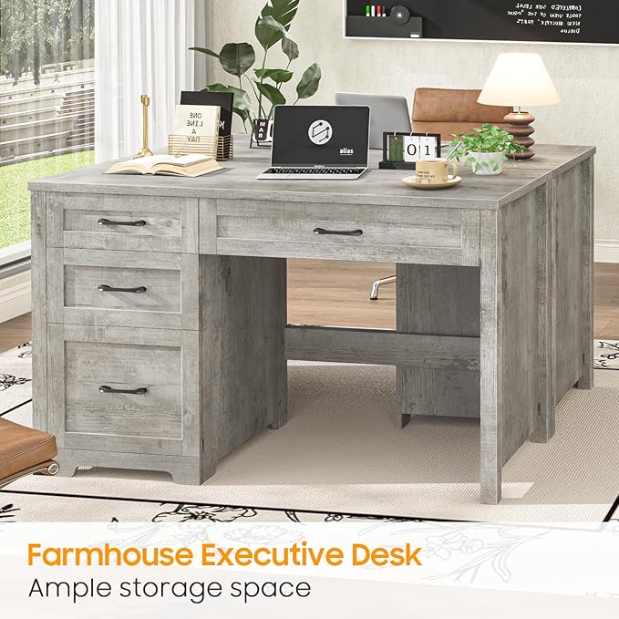 Vabches Farmhouse 47" Executive Desk with File Drawer, Workstation for Home Office, Study, Writing,Wood Computer Desk with 3 Storage Drawers .(Grey)
