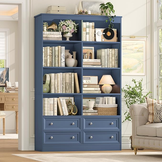 FINETONES 71" Tall Bookshelf with 4 Drawers, 6-Tier Double Wide Bookshelves and Bookcases with Storage, Blue Bookshelf Large Open Bookshelves Standing Book Cabinet for Home Office