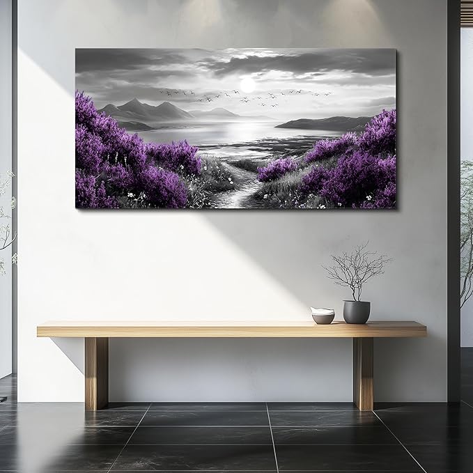 Canvas Wall Art for Living Room Large Wall Decor for Bedroom Modern Office Wall Decoration Purple Flowers Landscape Paintings Black and White Scenery Pictures Artwork Aesthetic Home Decor
