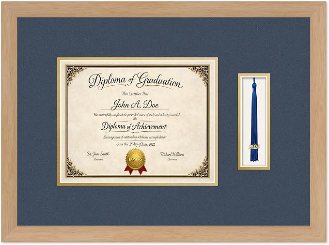 Diploma Frame with Tassel Holder Natural Wood Shadowbox Navy Blue Over Gold Mat - Fits 10 x 8 Degree Made in the USA