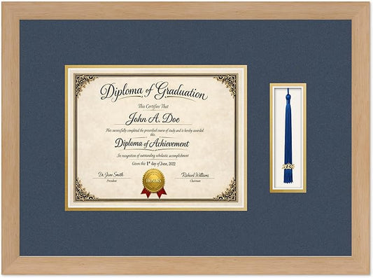 Diploma Frame with Tassel Holder Natural Wood Shadowbox Navy Blue Over Gold Mat - Fits 10 x 8 Degree Made in the USA