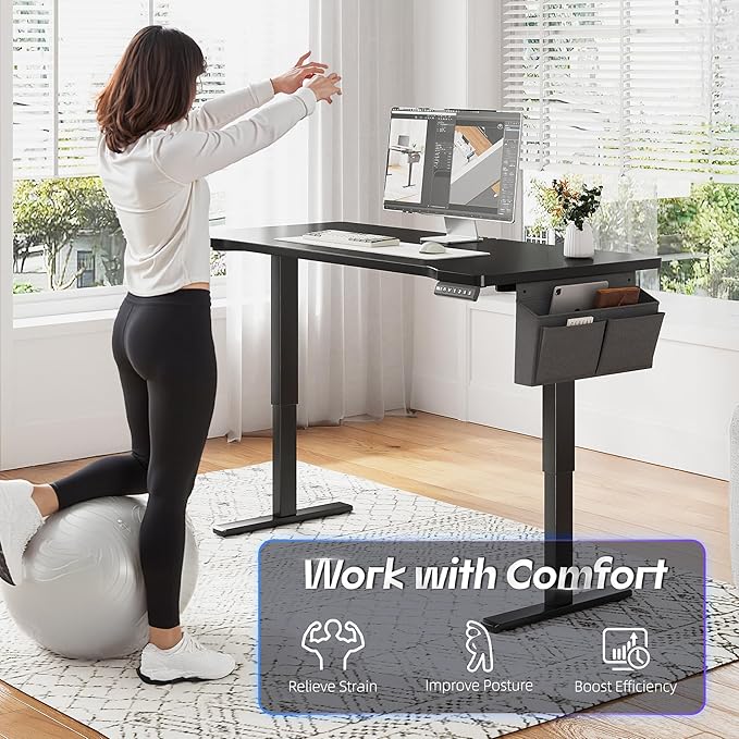 EnHomee 55" Electric Standing Desk with LED Lights, Height Computer Desk with 3 Memory Preset, Adjustable Office Desk with Storage Side Pocket and Cable Management,Wood Desktop, Writing Table, Black