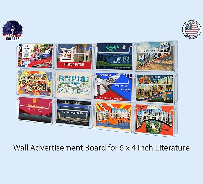 Marketing Holders Post Card Holder Acrylic 12 Slots Hold 6" Printed Media Wall Mount Hanging Hardware Included Use at Community Centers Gift Shops Motels Airports Historical Sites Convenient Clear