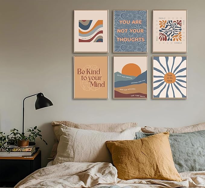 6Pcs Motivational Office Wall Art Mental Health Canvas Painting Psychology Therapy Office Wall Decor Boho Style Inspirational Pictures Positive Quotes Posters Prints for Home Counseling Unframed