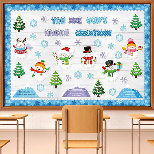 Christian Christmas Bulletin Board Decorations Set - Religious Classroom Decor - God Made Me Unique Snowflake Snowman Cutouts for Xmas, Winter Holiday School Wall Decor