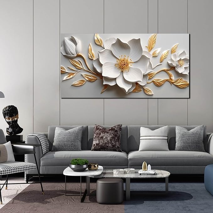 Canvas Wall Art for Living Room Bedroom Office White and Gold Flower Artwork Large Botanical Wall Art Framed Wall Decor Modern Canvas Prints 24x48 In