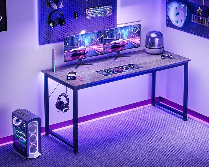 Casaottima 54 Inches Small Computer Desk, Work Study Table for Home Office, Kids Student Writing Desk with Headphone Hooks, Grey