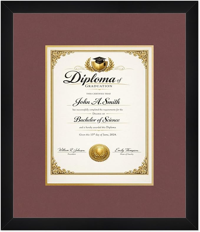 CountryArtHouse Diploma Frame Fits 8.5 x 11 Certificate (Portrait) - Keepsake Graduation Display Matte Black Genuine Hardwood with Dark Red Over Metallic Gold Double mat
