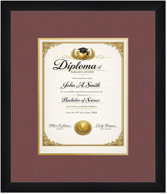 CountryArtHouse Diploma Frame Fits 8.5 x 11 Certificate (Portrait) - Keepsake Graduation Display Matte Black Genuine Hardwood with Dark Red Over Metallic Gold Double mat