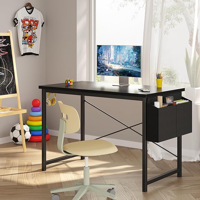 OLIXIS Computer Desk 44 Inch Home Office Desks for Small Spaces, Gaming Writing Study Work Table with Storage Bag and Headphone Hook for Bedroom, Black