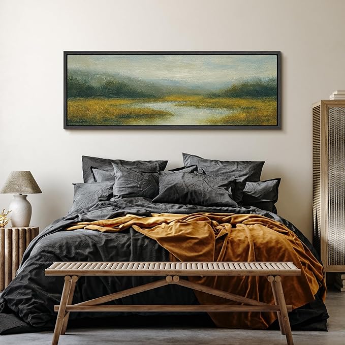 SIGNFORD Large Framed Canvas Misty Meadow River Landscape Illustrations Modern Art Calm Warm for Living Room, Bedroom, Office - 60"x20"