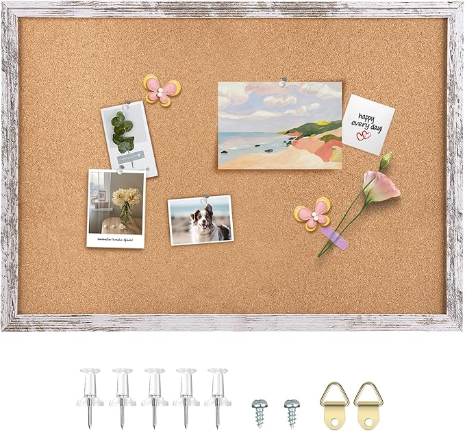 Cork Board Bulletin Board, 35.4x23.6 inches Decorative Hanging Framed Cork Boards for Walls, Pin Board Vision Board for School Home Office, Bulletin Board with Wooden Frame (6090,WH,1pc)