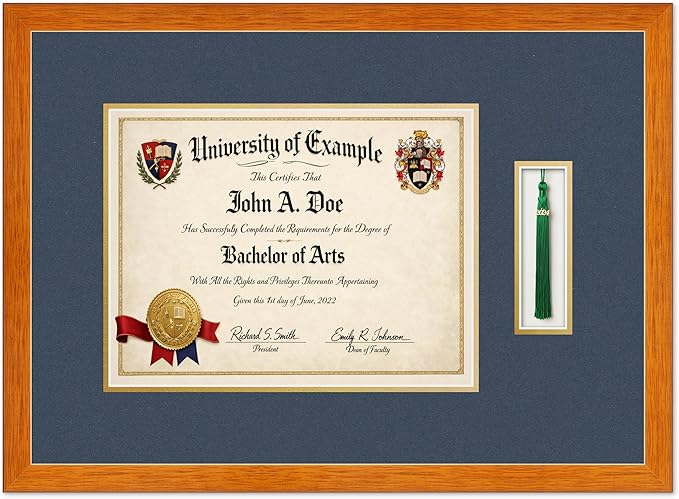 Diploma and Tassel Frame Fits 13 x 10 College Diploma (Traditional) with Tasse Honey Oak Genuine Hardwood Shadowbox with Navy Blue Over Metallic Gold Double mat