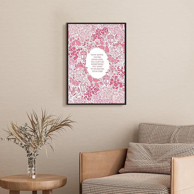 Slow Down You're Doing Fine Music Posters Motivational Quote Pink Wall Art Vintage Floral Positive Daily Reminder Song Lyrics Canvas Print Aesthetic Office Home Decor 12x16inch Aluminum Framed