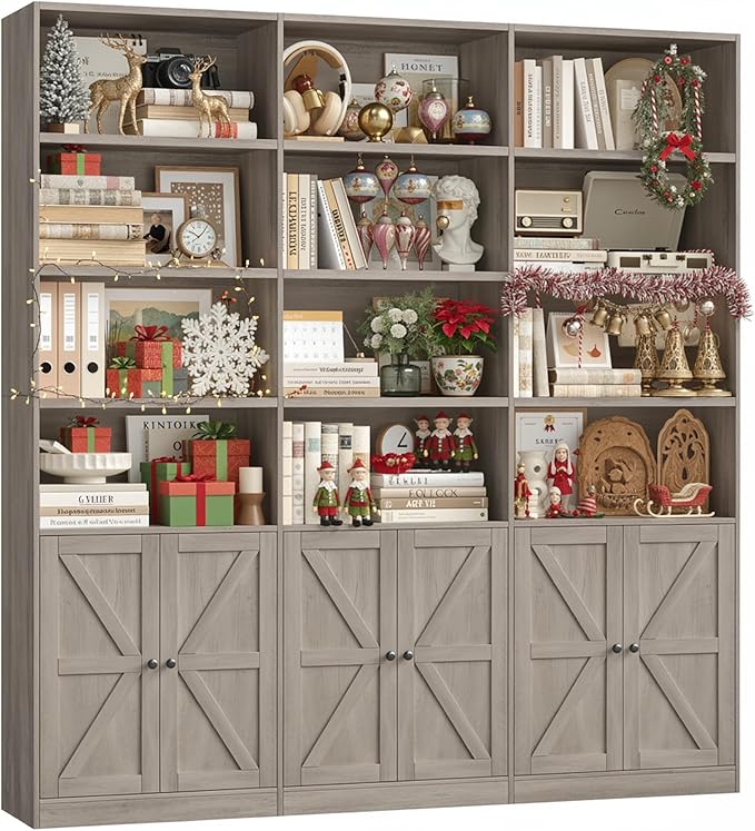 FACBOTALL 75" Triple Wide Bookshelf, Bookshelf and Bookcase with 6 Farmhouse Doors, 71" Wide 6 Tier Book Shelf with 18 Storage Shelves, Large Wooden Bookshelves, Tall Bookcase for Home Office, Gray