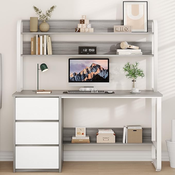 Computer Desk with 3 Drawers, 55 Inch Desk with Hutch for Small Spaces, Study Writing Desk with Shelves for Bedrrom, Adjustable Feet, Grey