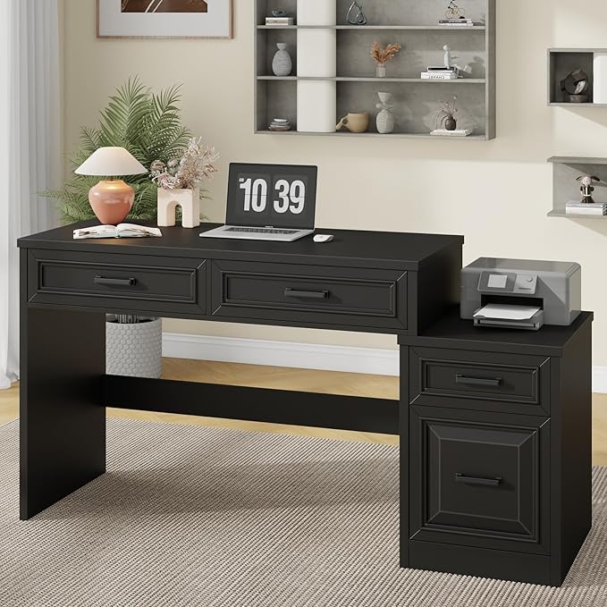 Vabches 61" Farmhouse Computer Desk with Storage and File Drawer, Executive Desks with Printer Stand, Rustic Large Home Writing Desk for Home Office.Black
