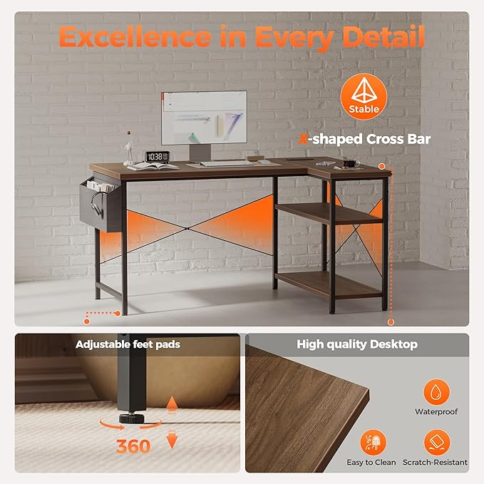 Mericonia Small L Shaped Computer Desk with Power Outlets, Reversible Gaming Desk with Storage Shelves, Corner Gamer Desk Table, Study Writing Table