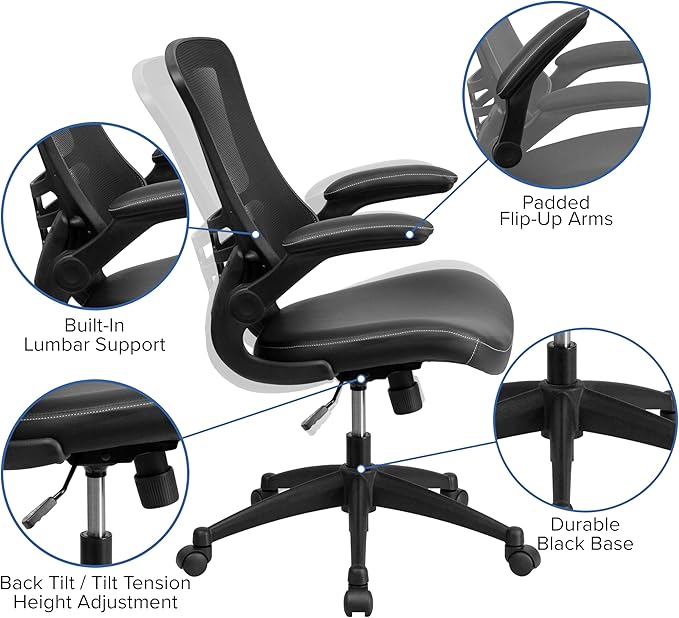 Flash Furniture Kelista Mid-Back Swivel Office Chair with Adjustable Seat Height, Ergonomic Mesh Desk Chair with LeatherSoft Seat, Black