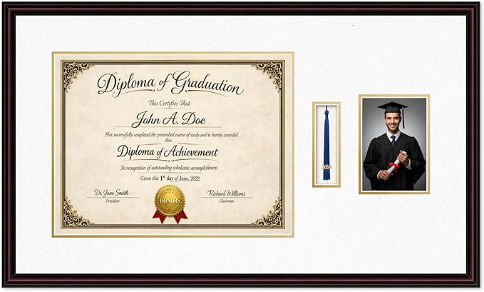 Diploma Tassel and Photo Frame Executive Brown Shadowbox Oyster Shell Over Gold Mat - Fits 17 x 13 Degree Picture Made in the USA